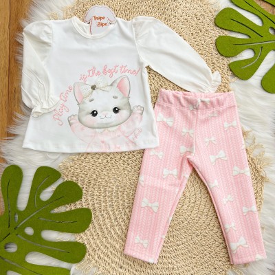 Conj. Blusa Manga Longa Gatinha Best Time e Calça Legging Corações - Off White e Rosa